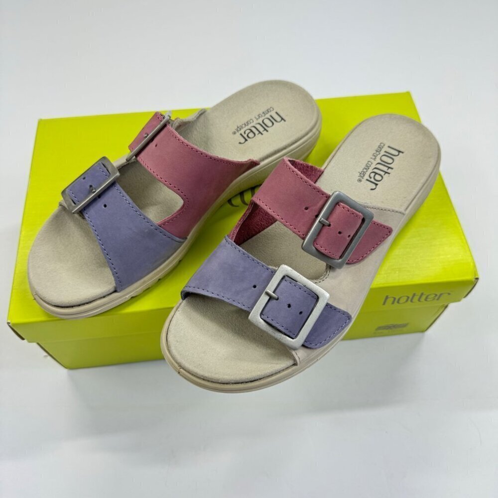 Hotter Sunny Nubuck Sandals Slides PInk Purple Beige Size 6 Comfort Concept